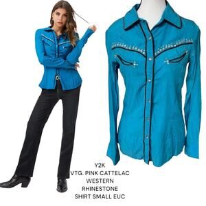 Y2K. VTG. PINK CATTLELAC TEAL BLUE RHINESTONE WESTERN BLOUSE TOP‎ SHIRT SMALL